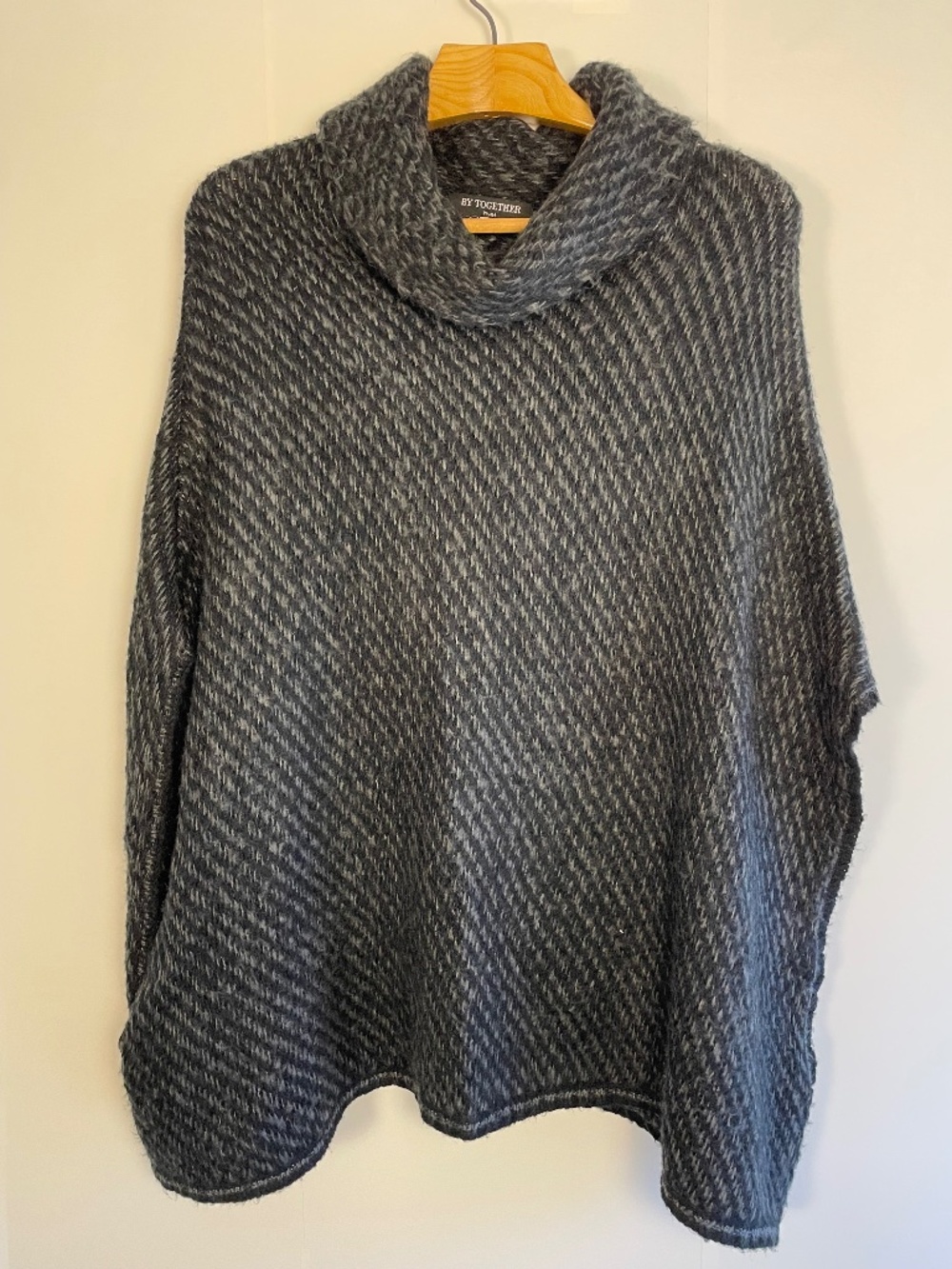 By Together "You & I" Grey Monochrome Cowl Neck Poncho Sweater Wool Blend OS